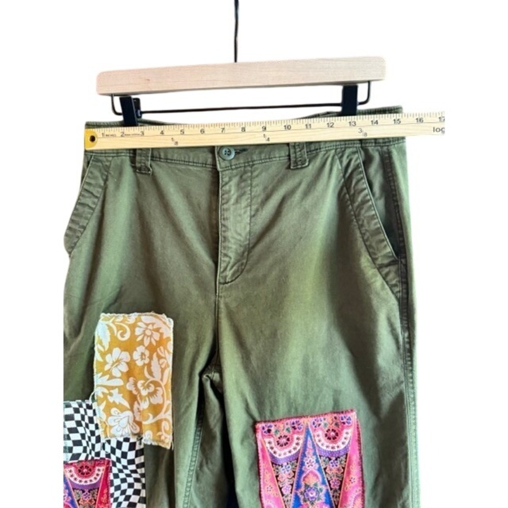 Unique upcycled Old Navy Chino Olive Green Boho Patchwork Pants Womens Medium - Picture 2 of 7